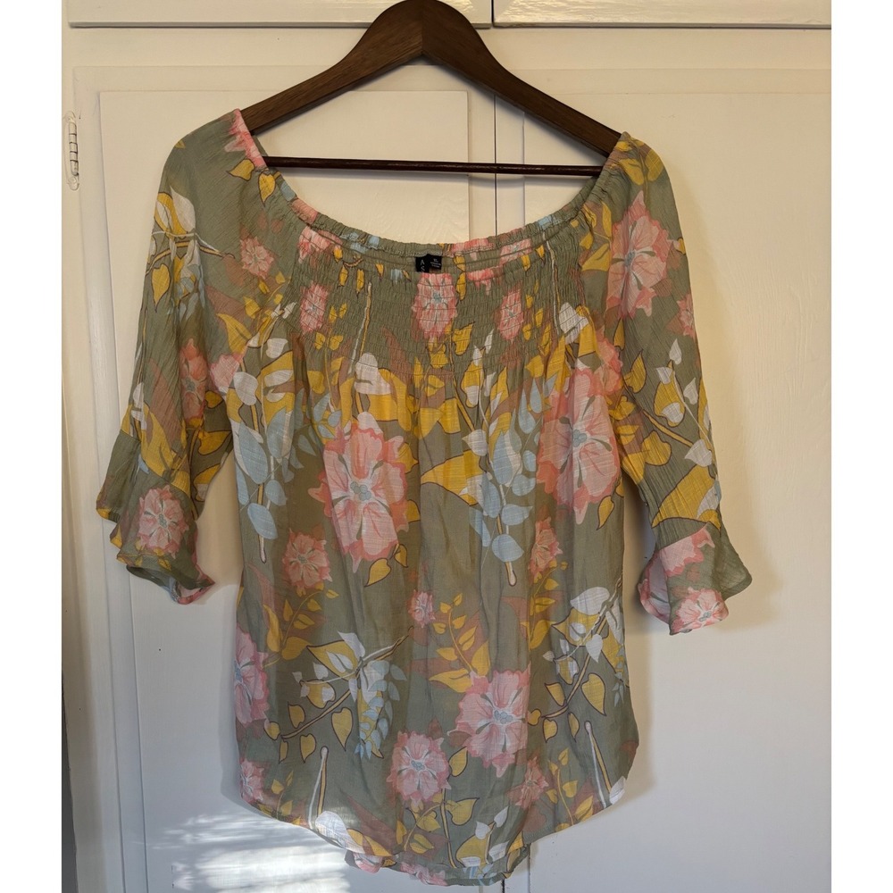 Ashley Blue Floral Off Shoulder Smocked Blouse Sage Green Pink XL 33617